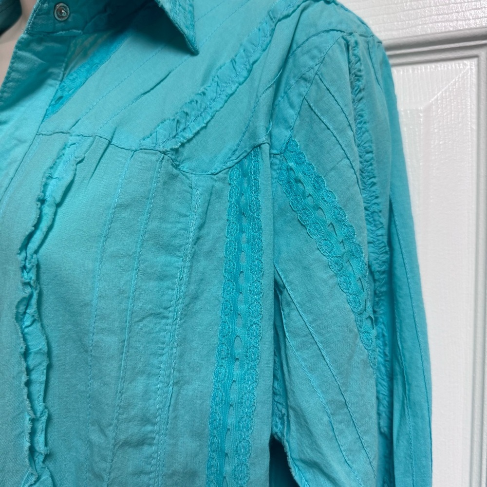 Scully Western Blouse Size L Blue Turquoise Lace Stripe Ruffled Long Sleeve - Picture 10 of 13